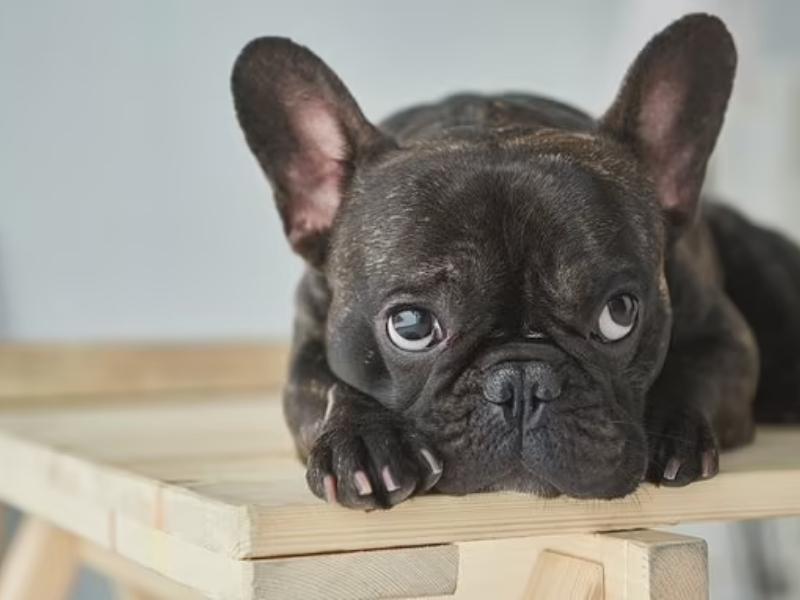 A French bulldog looking sad as it sits on a table